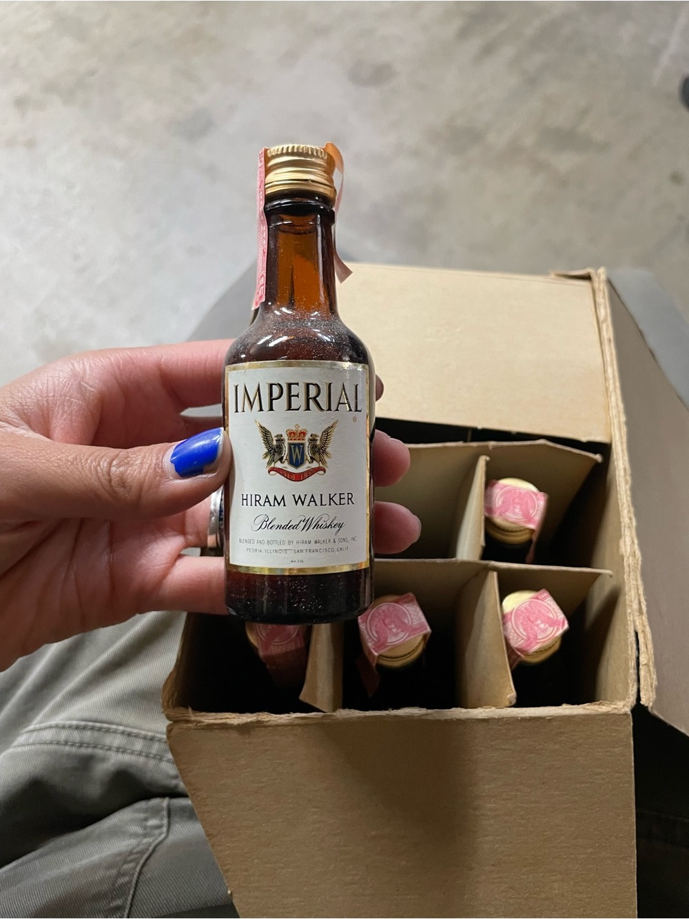 Imperial Hiram Walker Whiskey Box - Tan with Blue & Red Crest